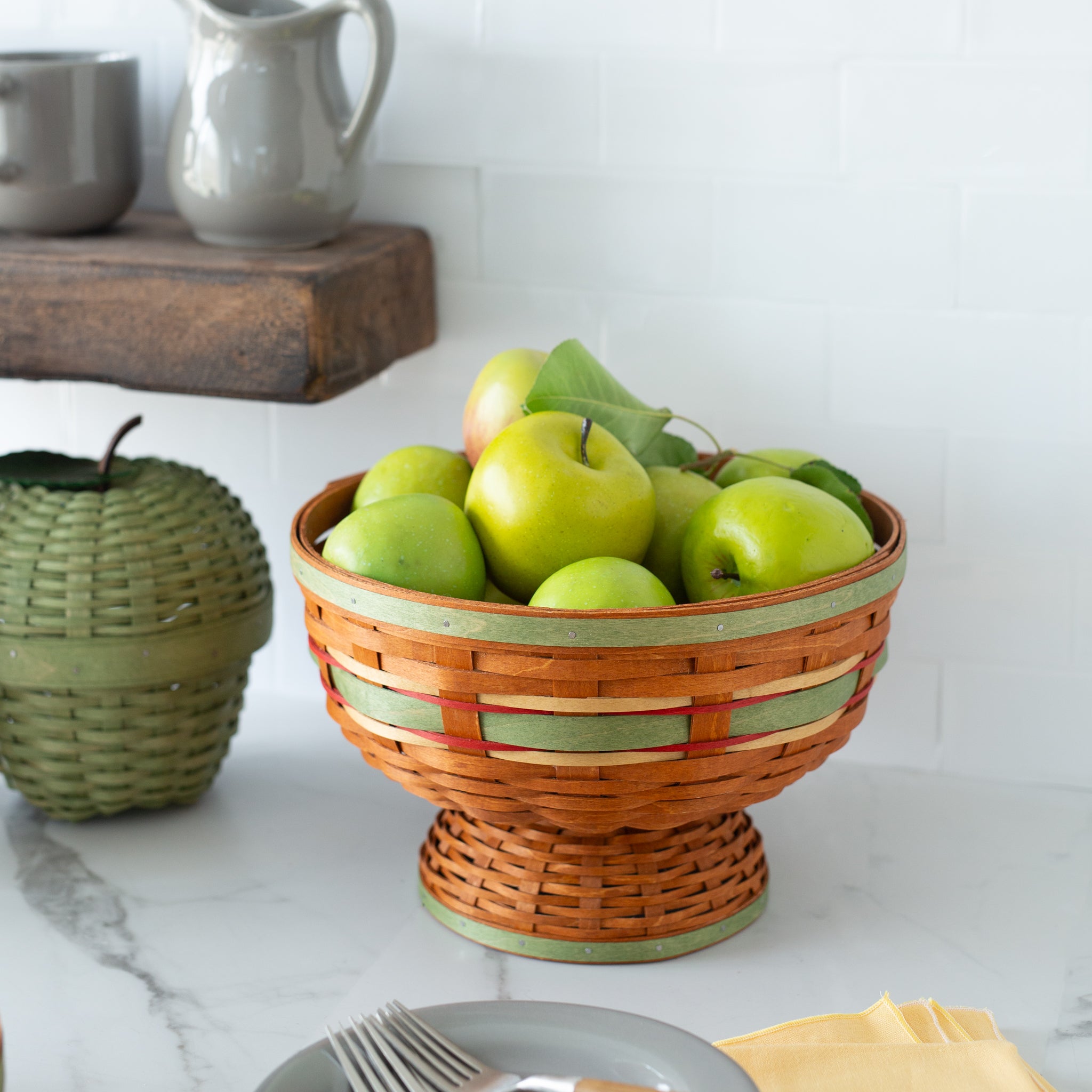 Apple Picking Medium Footed Fruit Bowl Basket with Protector - Green - 图片 4